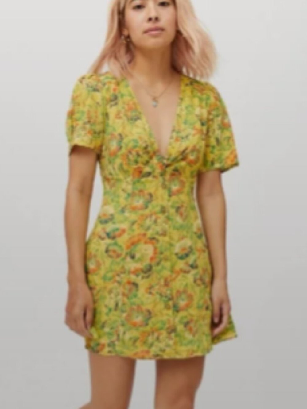 ✨ Urban Outfitters "Bettie" Yellow Twist-Front Floral Mini Dress Size S ✨